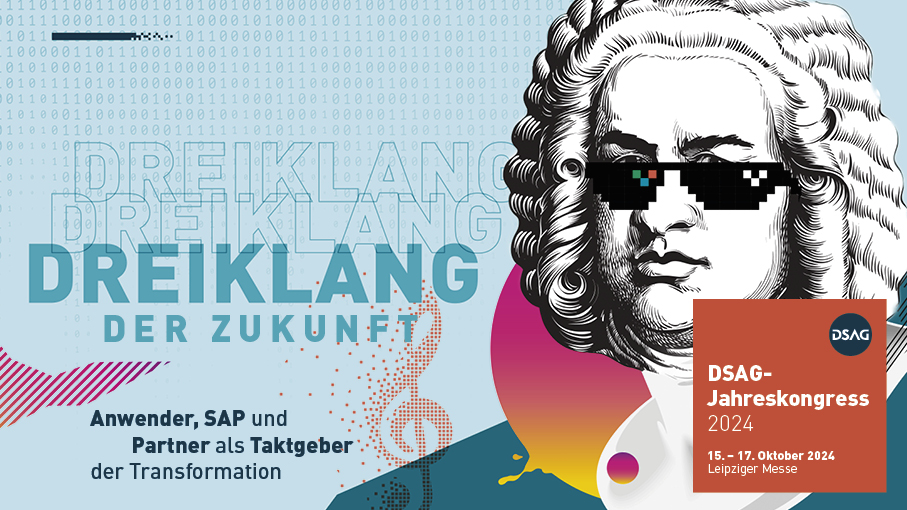 JK2024_16-9 Werbebanner für den DSAG-Jahreskongress 2024 mit dem Motto 'Dreiklang der Zukunft: Anwender, SAP und Partner als Taktgeber der Transformation', vom 15. bis 17. Oktober 2024 in der Leipziger Messe. Abgebildet ist ein stilisiertes Porträt einer historischen Figur mit Pixel-Sonnenbrille, musikalischen Noten und Binärcode im Hintergrund.