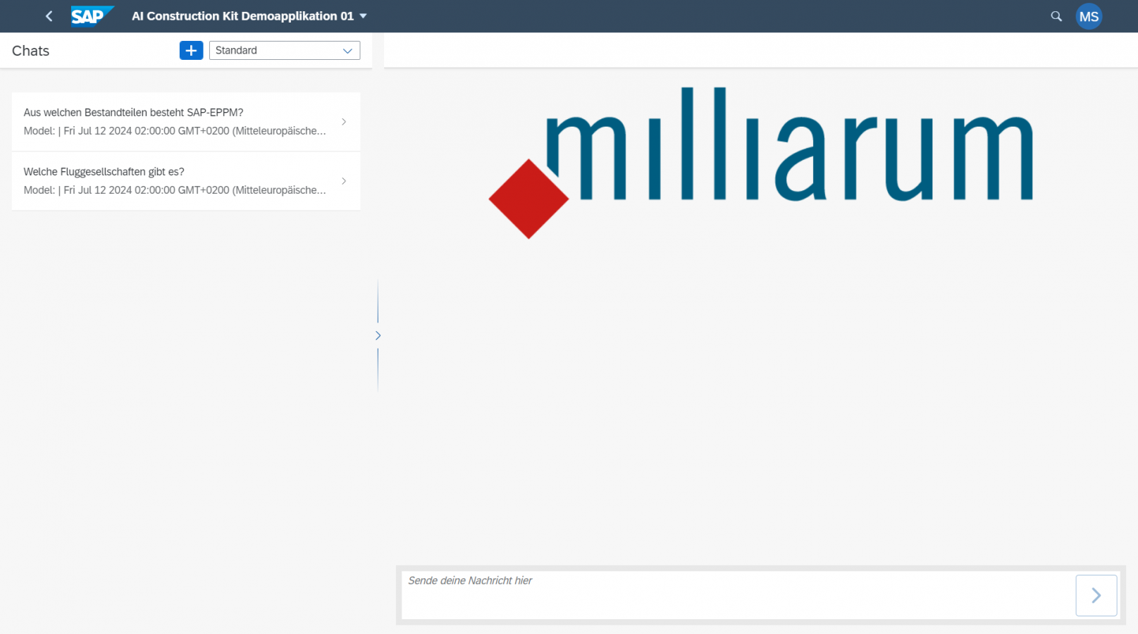 Allgemeiner_Chatbot_AI_Construction_Kit_Einstieg_Sap Programmmaske der AI Construction Kit Allgemeiner Chatbot Anwendung in SAP